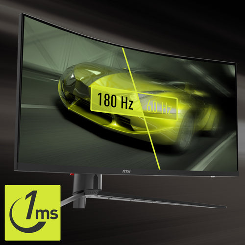 MSI MAG 345CQRDE – 34″ ultrawide-gamingskærm, 180 Hz – opdateringshastighed illustreret