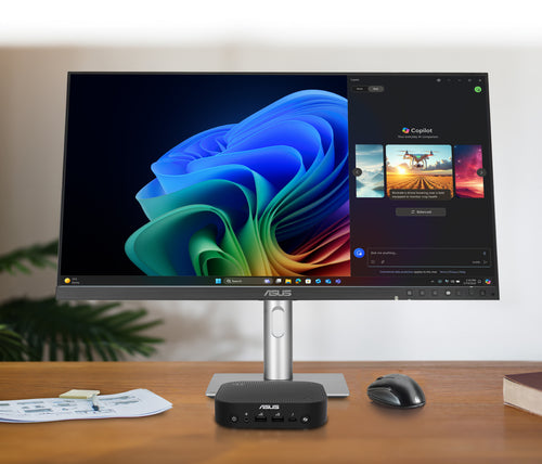 ASUS NUC 14 Pro AI Slim monteret ved skærm med tastatur og mus