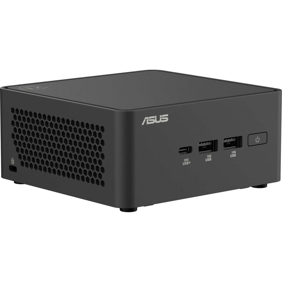 Sort ASUS NUC 15 Pro Tall Mini PC set skråt forfra med USB-porte og ventilationsside