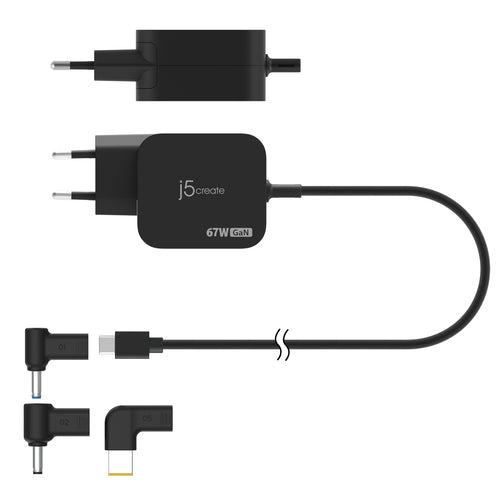 j5create 67 W GaN USB-C-oplader – 3 DC-adapterstik – EU – Oversigt over oplader og stik