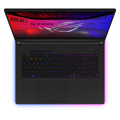 ASUS ROG Strix SCAR 18 G835LXG-TQ378W – taster og arbejdsflade set ovenfra; tastaturlayout illustrativt
