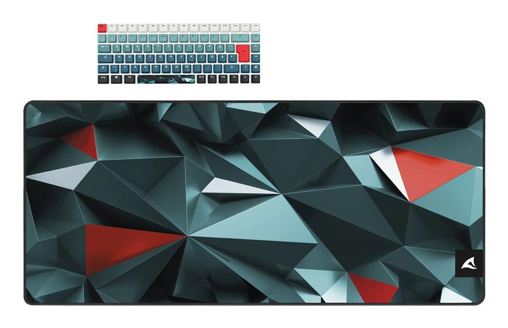Sharkoon D1-sæt med grønne og røde geometriske keycaps og musemåtte
