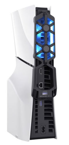 Maxx Tech – RGB-køleblæsere til PS5 Slim – produkt i brug, øvrigt udstyr er illustration