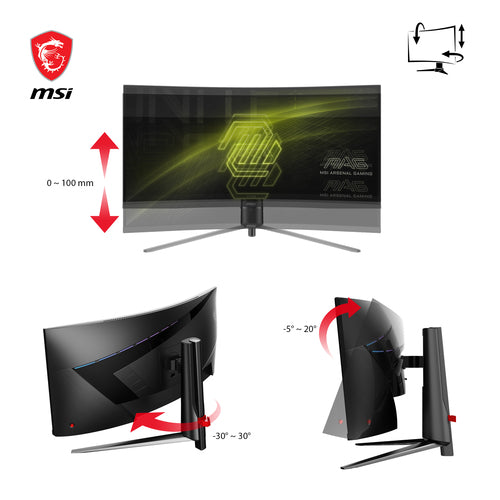 MSI MAG 345CQRDE – 34″ ultrawide-gamingskærm, 180 Hz – stativets justeringsmuligheder