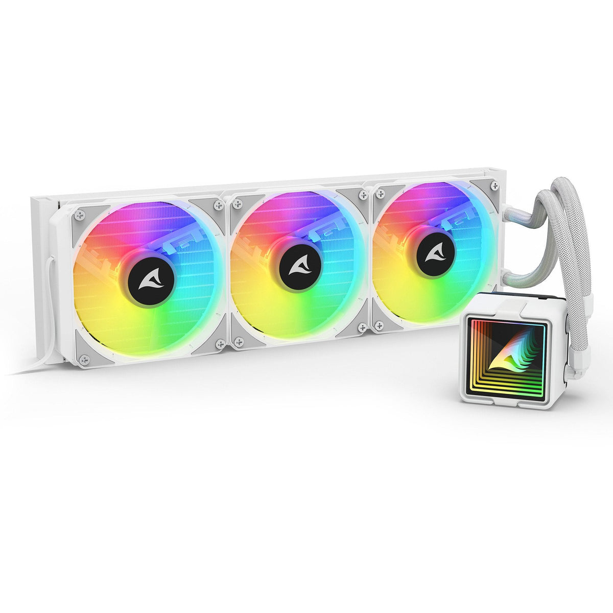 Hvid Sharkoon S100 ARGB AIO vandkøler med tre blæsere