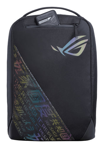 ASUS ROG BP1501G Holographic Edition sort rygsæk med lille frontlomme og illustreret tilbehør, som ikke medfølger