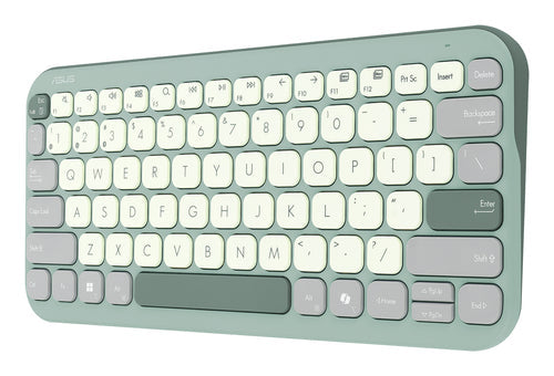 ASUS Marshmallow Keyboard KW100 – taster og arbejdsflade set ovenfra (vinkel 3); tastaturlayout illustrativt