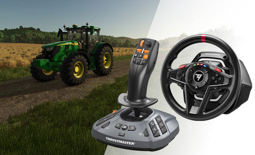 Thrustmaster T128-P SimTask Farming Pack – PS5 og PC – anvendelsesillustration med landbrugsmaskine