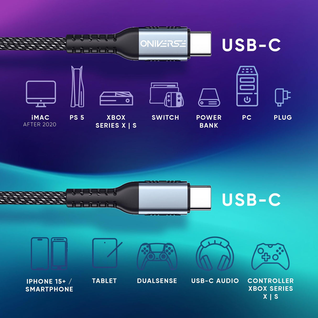 Oniverse Usb-C To Usb-C 100W Fast Charging Cable, 2 M - Black ONIVERSE