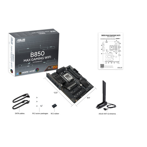 ASUS B850 MAX Gaming WiFi – bundkort med pakkeindhold lagt ud