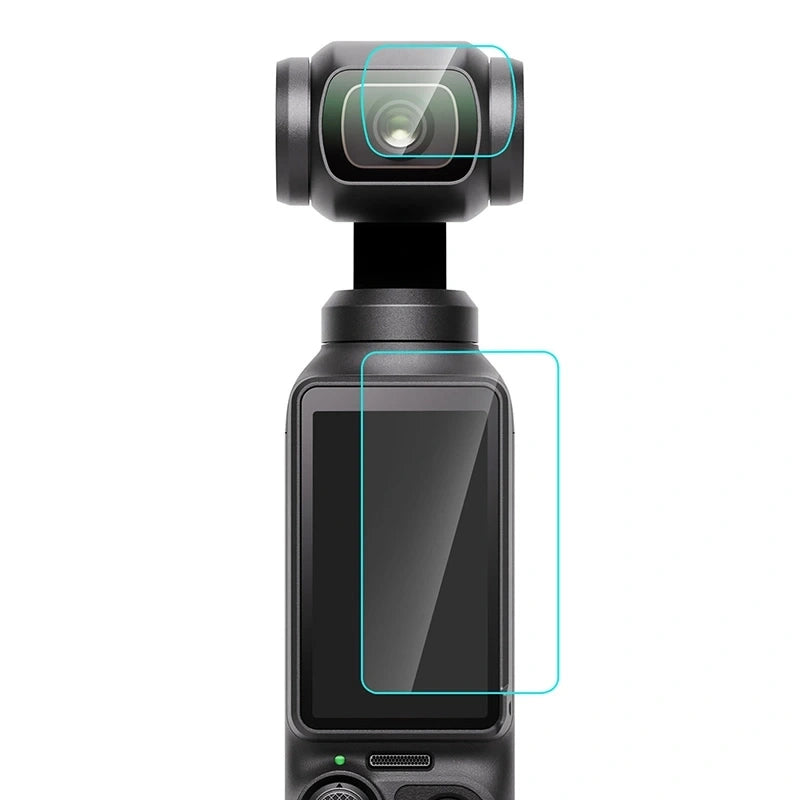 PULUZ beskyttelsesglas til DJI Osmo Pocket 3 – Skærm og objektiv – To beskyttelsesglas vist placeret på DJI Osmo Pocket 3; kamera medfølger ikke