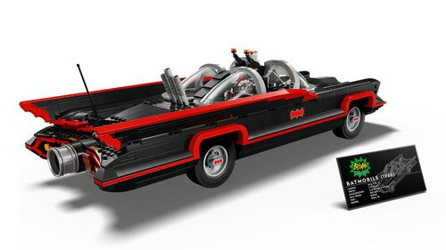 LEGO DC 76328 – Batman: Batmobil fra 1960'ernes tv-serie – Batmobil set bagfra med Batman-figur og faktaplade