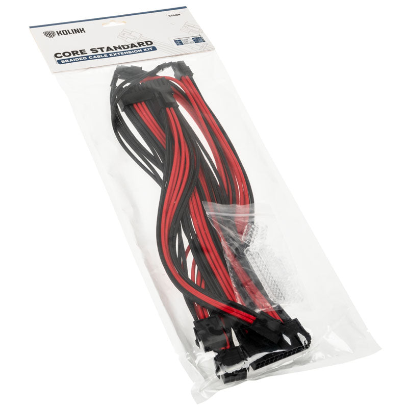 Kolink Core Standard Braided Cable Extension Kit - Jet Black/Racing Red - 2x 6+2pin, 1x 4+4pin, 1x 20-4pin