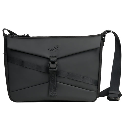 ASUS ROG Archer Messenger 14 BC2400 – sort computertaske set forfra med spænde og skulderrem