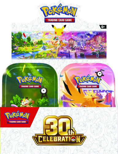Pokémon TCG 30th Celebration – Mini Tin – Assorteret – producentillustration af display; der leveres én tin