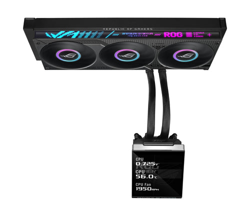 ASUS ROG Strix SLC IV 360 ARGB LCD med systemdata på skærmen
