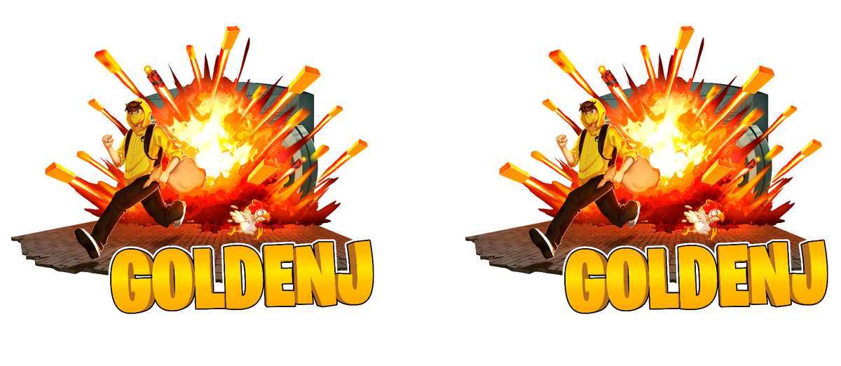 et GoldenJ motiv med en mand i en gul hoodie og sorte bukser der løber væk fra en eksplosion, hvor der nede i bunden af motivet står skrevet GOLDEN J