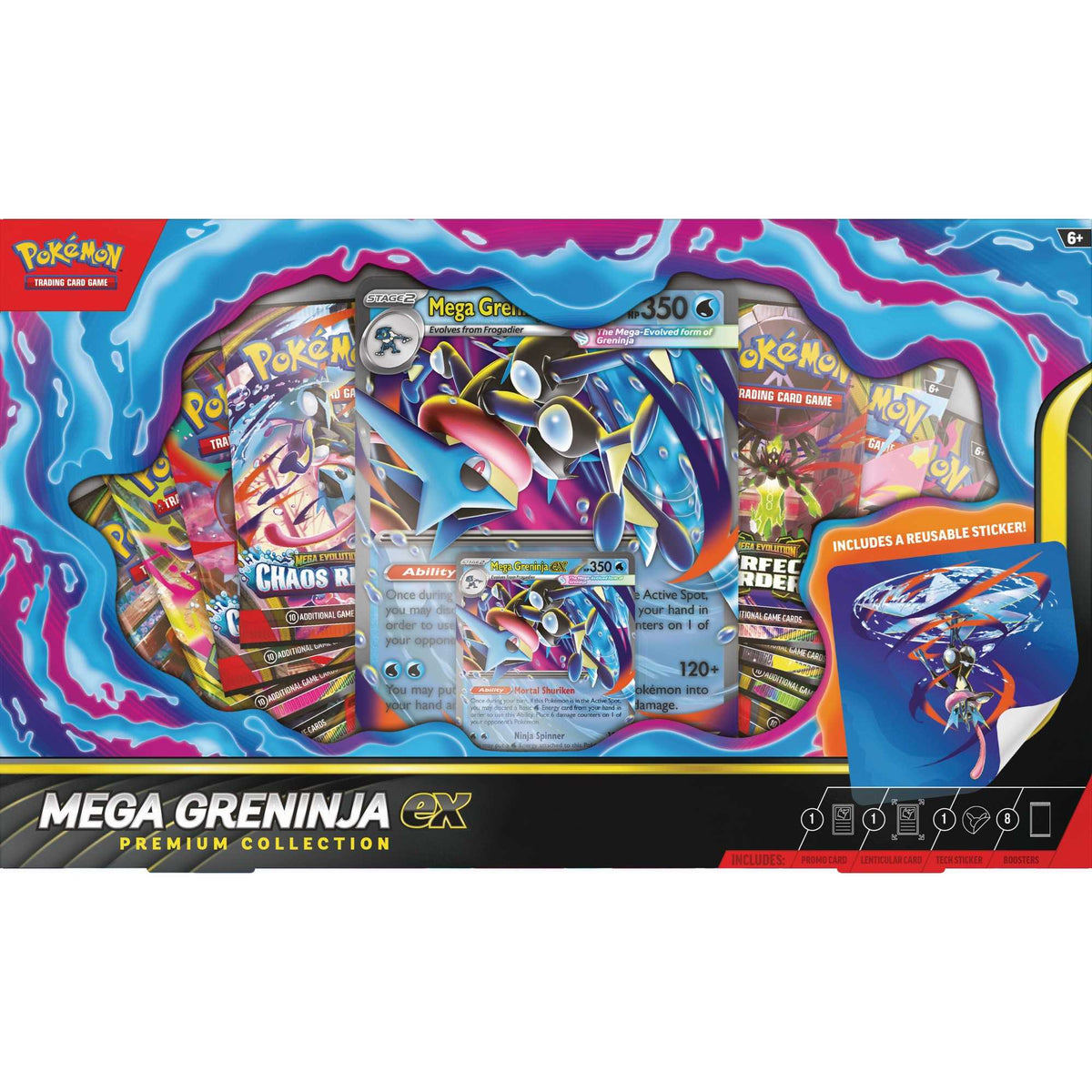 Forsiden af Mega Greninja ex Premium Collection med promokort, stort kort, klistermærke og otte boosterpakker