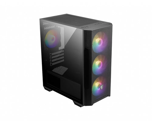 MSI MAG FORGE M100R – sort PC-kabinet – skråt billede af kabinettet