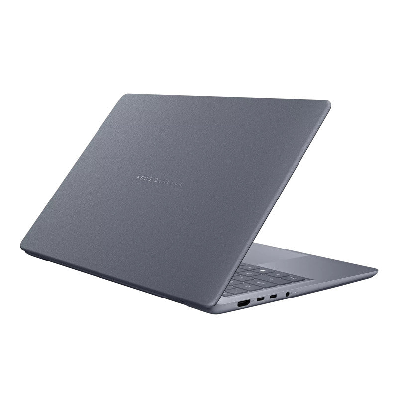 ASUS Zenbook 14 UX3480QA-ISSU11X i Arctic Blue set skråt bagfra med åbent låg