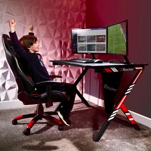 X-Rocker - Ocelot Carbon Gaming Desk - Blue & Red Stickers Geekd