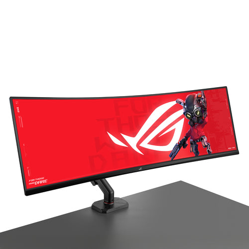 ASUS ROG Ergo AAS01R skærmarm – eksempel med ultrabred skærm, skærm medfølger ikke