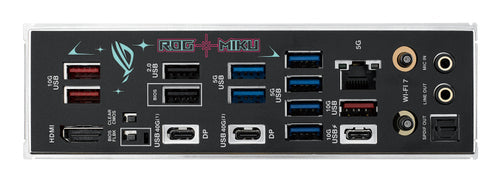 ASUS ROG STRIX X870E-H GAMING WIFI7 Hatsune Miku Edition – AM5 bundkort – porte på bagpanelet
