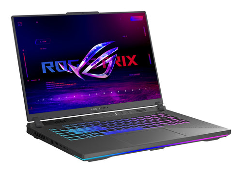 ASUS ROG Strix G16 G614FP-S5062W – set skråt forfra; tastaturlayout illustrativt