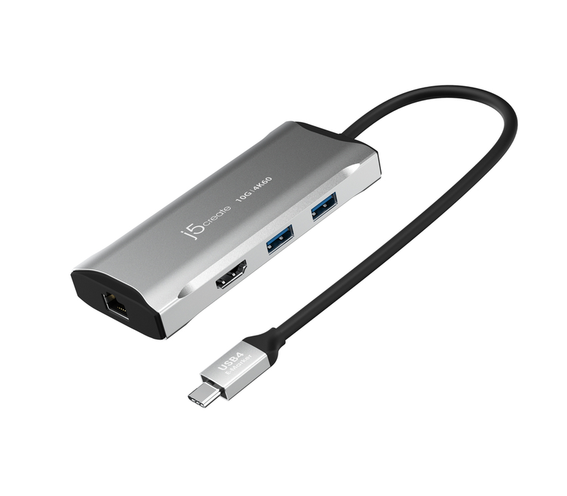 j5create – 4K/60 Hz USB-C rejsedock med 10 Gbit/s USB – USB-porte set skråt