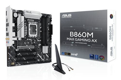 ASUS B860M MAX GAMING AX – bundkort, antenne og emballage