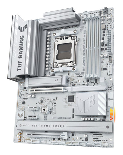 ASUS TUF Gaming B850-PRO WIFI7 W NEO – bundkort set skråt fra højre