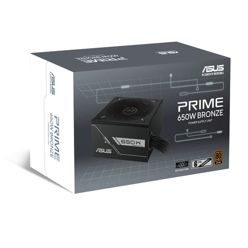 ASUS PRIME-650B-BLACK – produktemballage med PRIME 650W Bronze-mærkning