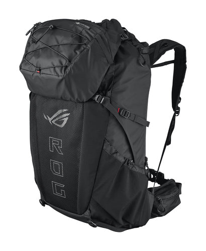 ASUS ROG Archer ErgoAir BP3800 – rygsækken skråt forfra med sidelomme og kompressionsrem