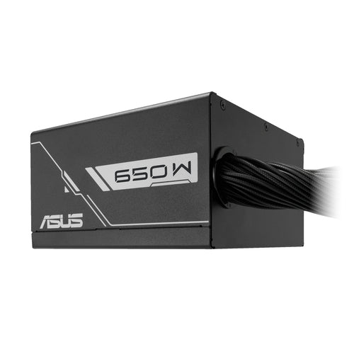 ASUS PRIME-650B-BLACK – side med 650W-mærkning og fast kabelbundt