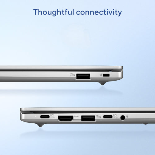 ASUS Chromebook CM14 CM1406CM4A-LY0050 – detalje af tilslutninger; tastaturlayout illustrativt
