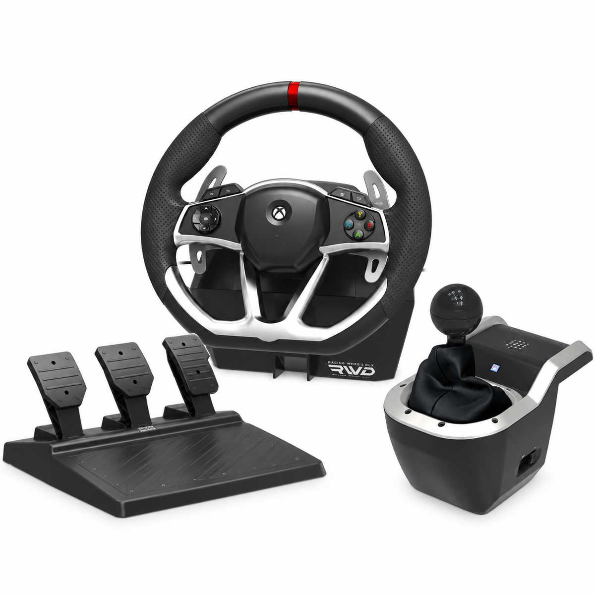 HORI Force Feedback Racing Wheel DLX + 7-Speed Racing Shifter pakke til Xbox Series X|S og Xbox One – kun rat, pedaler og gearskifter på hvid baggrund