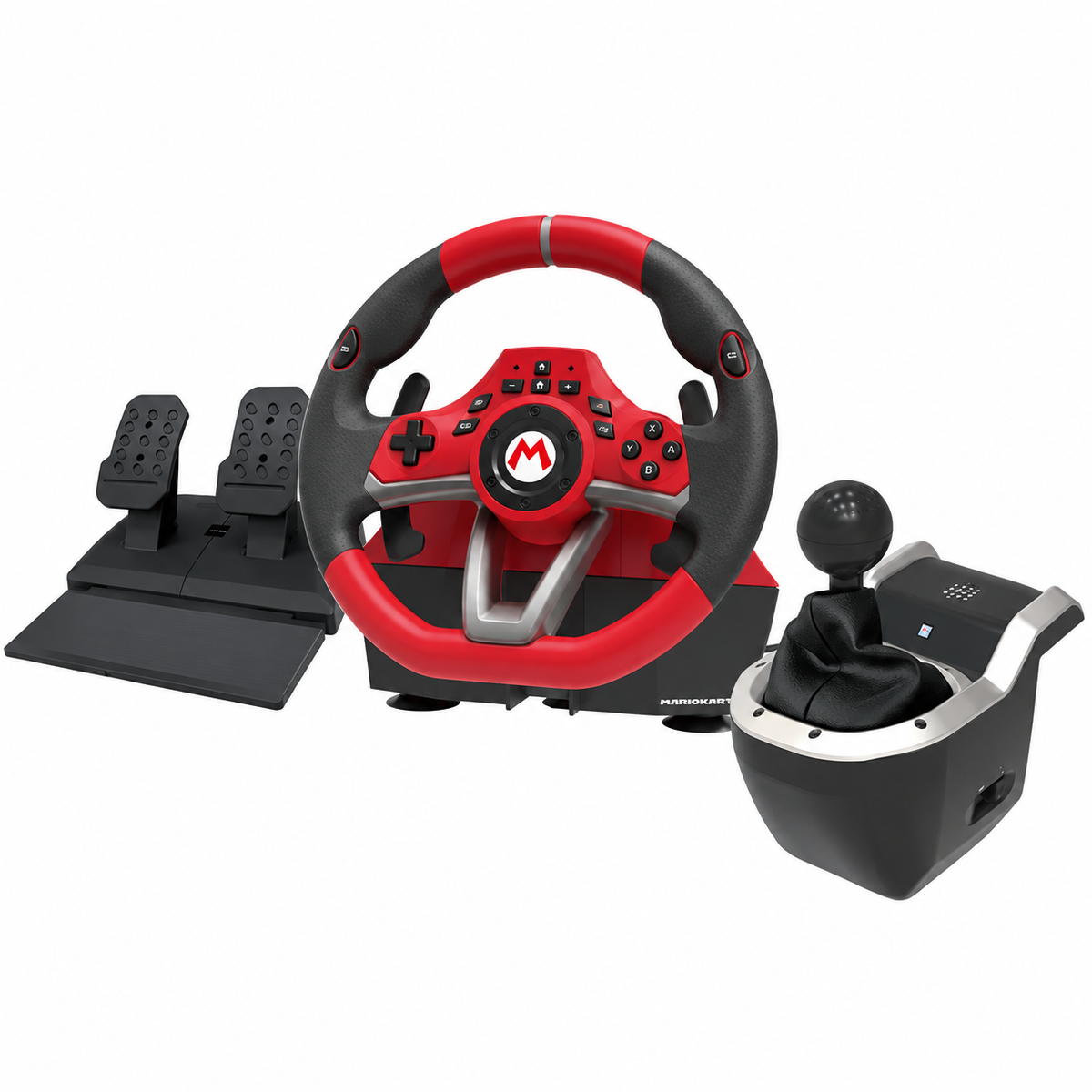 HORI Mario Kart Racing Wheel Pro Deluxe + 7-Speed Racing Shifter pakke til PC – kun rat, pedaler og gearskifter på hvid baggrund