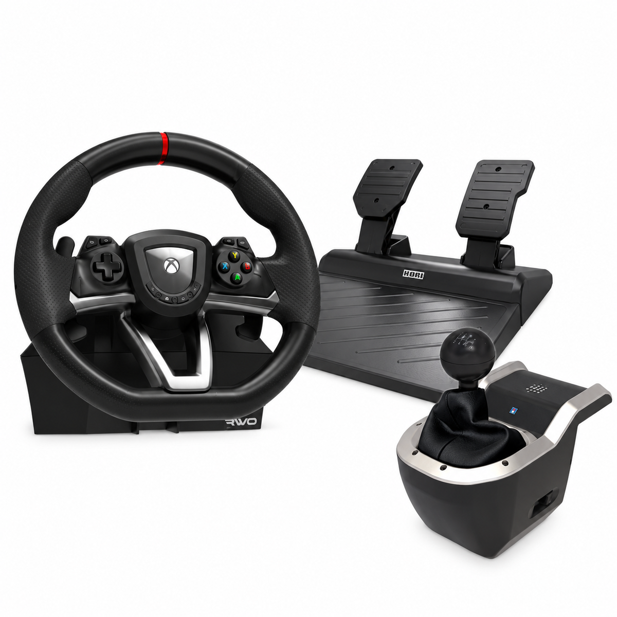 HORI Racing Wheel Overdrive + 7-Speed Racing Shifter pakke til PC – kun rat, pedaler og gearskifter på hvid baggrund