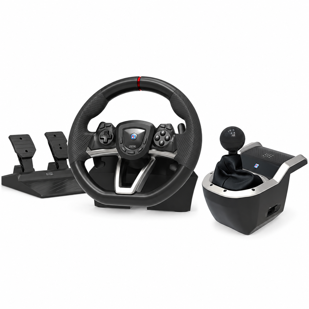 HORI Racing Wheel Pro Deluxe + 7-Speed Racing Shifter pakke til PC – kun rat, pedaler og gearskifter på hvid baggrund