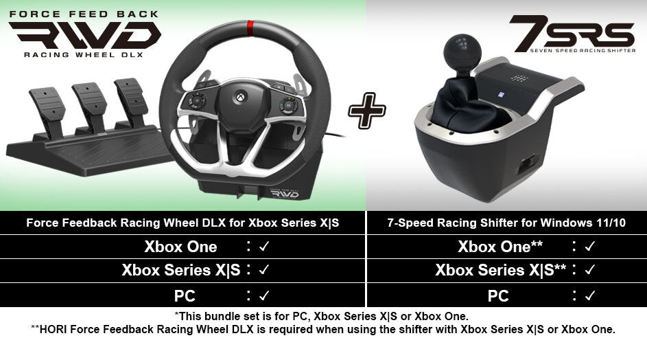 HORI - Force Feedback Racing Wheel DLX + 7-Gang-Rennschalthebel-Bundle für Xbox Series X - S, Xbox One und PC (Windows 11/10)