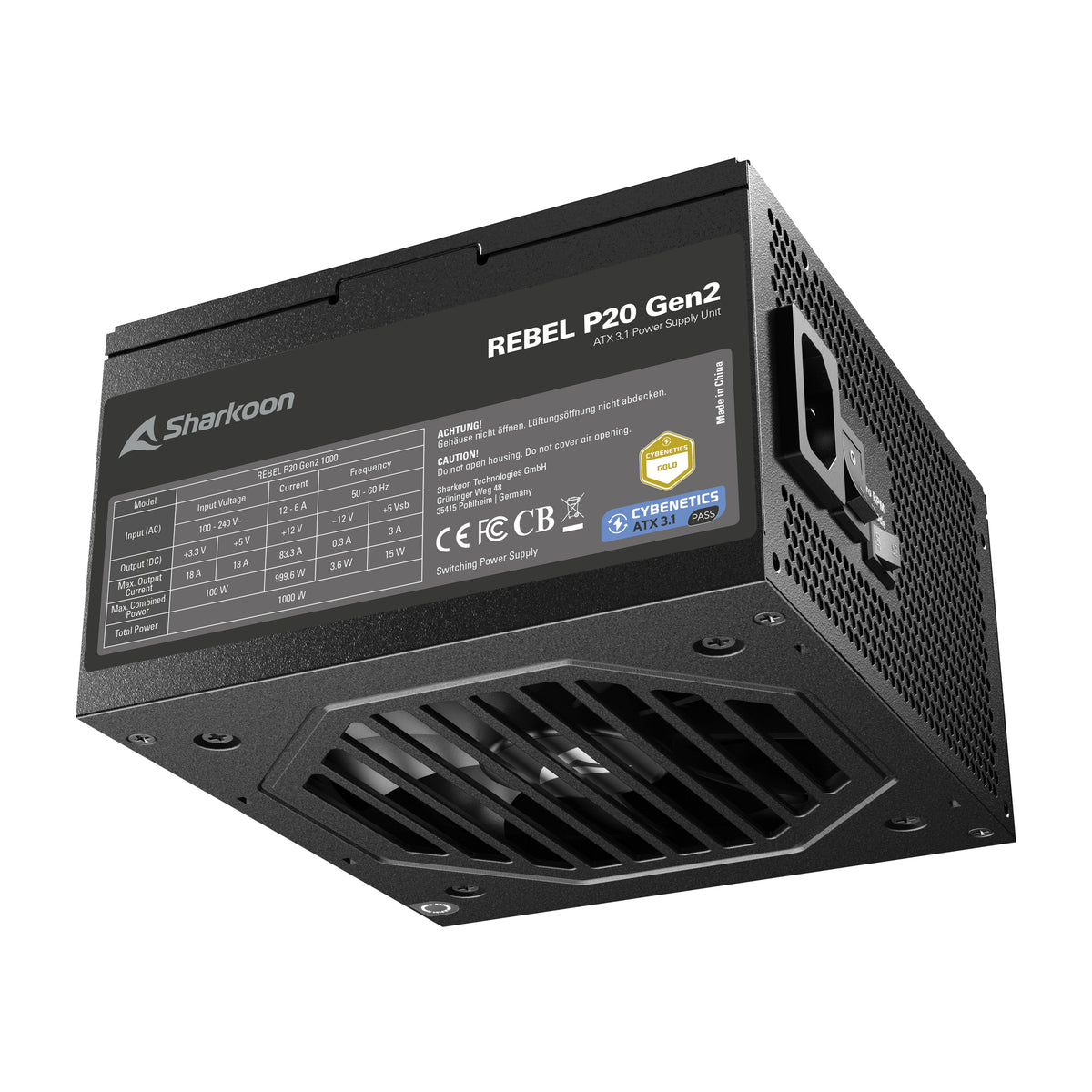 Sharkoon Rebel P20 Gen2 1000W – sort strømforsyning med mærkeplade og blæser