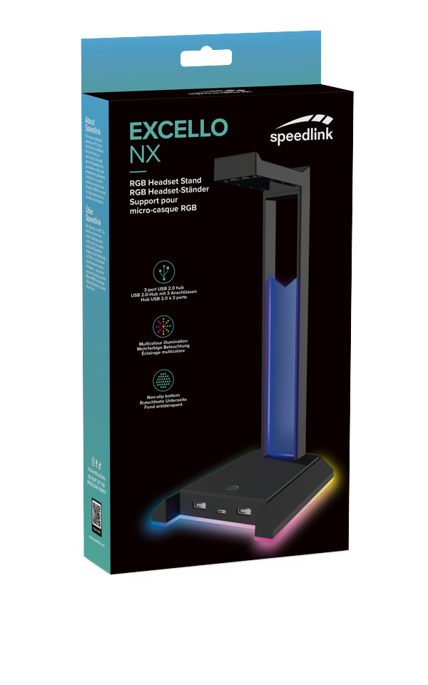 Speedlink - EXCELLO Illuminated Headset Stand, 3-Port USB 2.0 Hub, integrated Soundcard, black