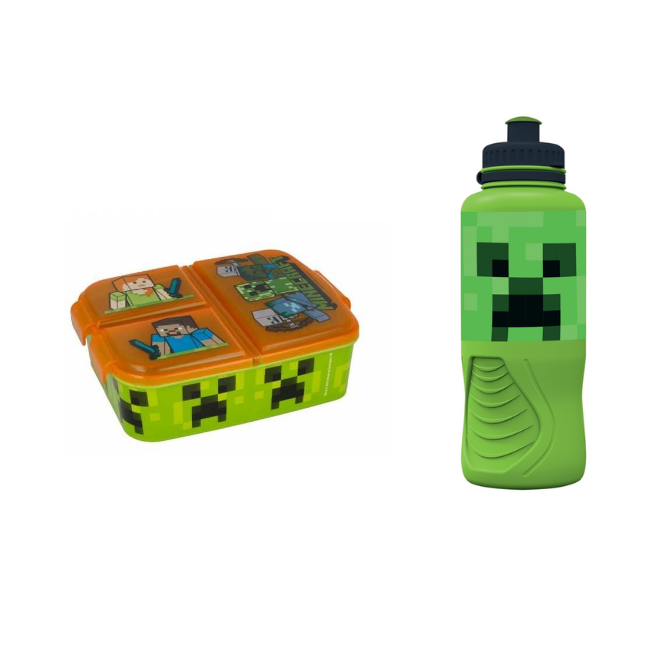 Stor - Multi Compartment Sandwich Box + Sports Water Bottle - Minecraft Stor