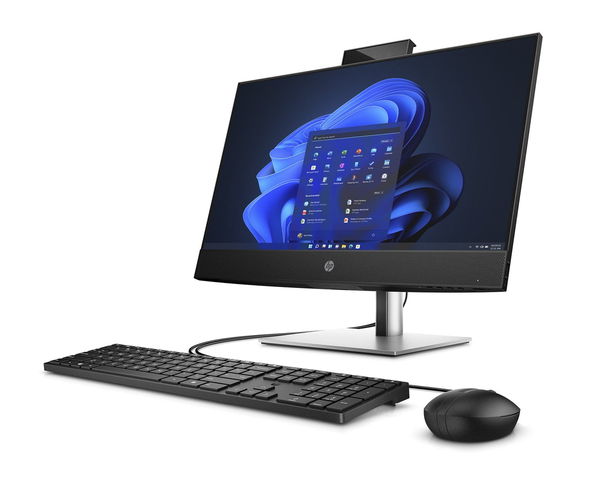 HP ProOne 440 G9 AiO – 23,8", Core i7-14700T, 16 GB, 512 GB – producentillustration af alt-i-en-PC med tastatur og mus