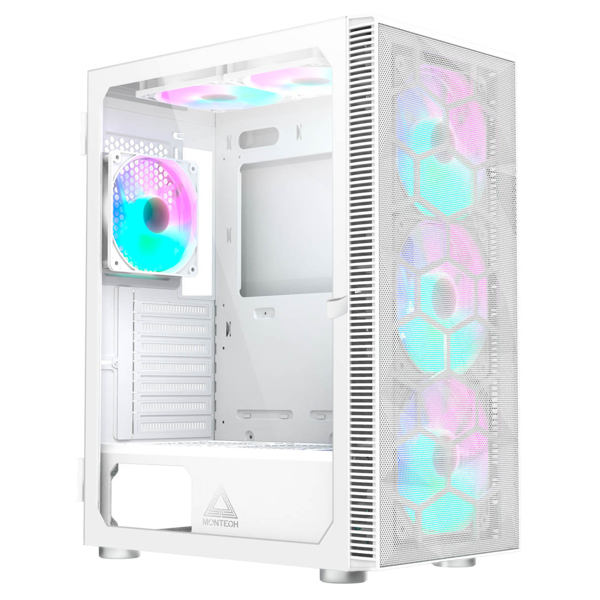 Montech X3 Mesh White – 3x 140 mm statische RGB-Lüfter + 3x 120 mm statische RGB-Lüfter, seitlich schwenkbares gehärtetes Glas