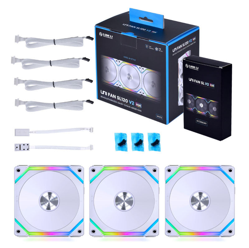 Lian Li UNI FAN SL V2 120 RGB PWM Fan 3 Pack, White - 120 mm, 28mm frame Lian Li