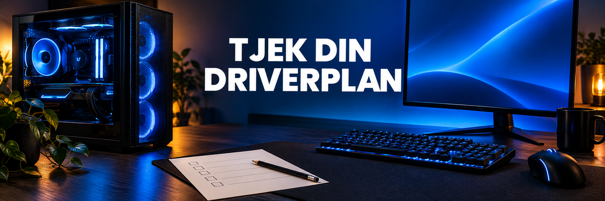 Generisk gaming-PC med en rolig blå skærm og papircheckliste under teksten Tjek din driverplan