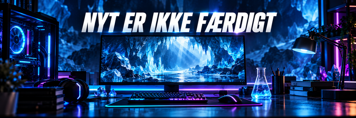 Konceptillustration af en blå isgrotte på en gamingskærm med teksten Nyt er ikke færdigt