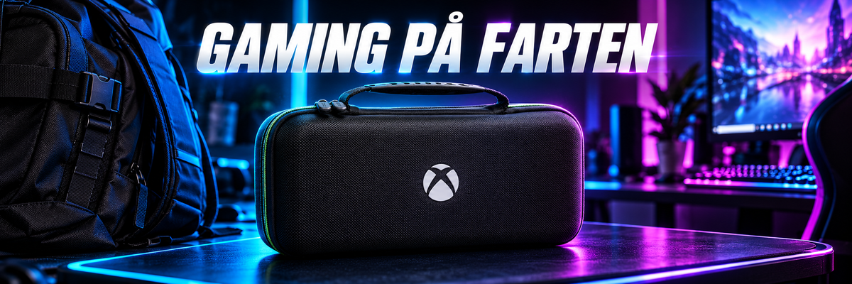 Sort Nacon XL-transportetui med Xbox-logo ved en rygsæk i blå og lilla belysning under teksten Gaming på farten