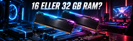 To RAM-moduler med blå og lilla belysning og overskriften 16 eller 32 GB RAM?